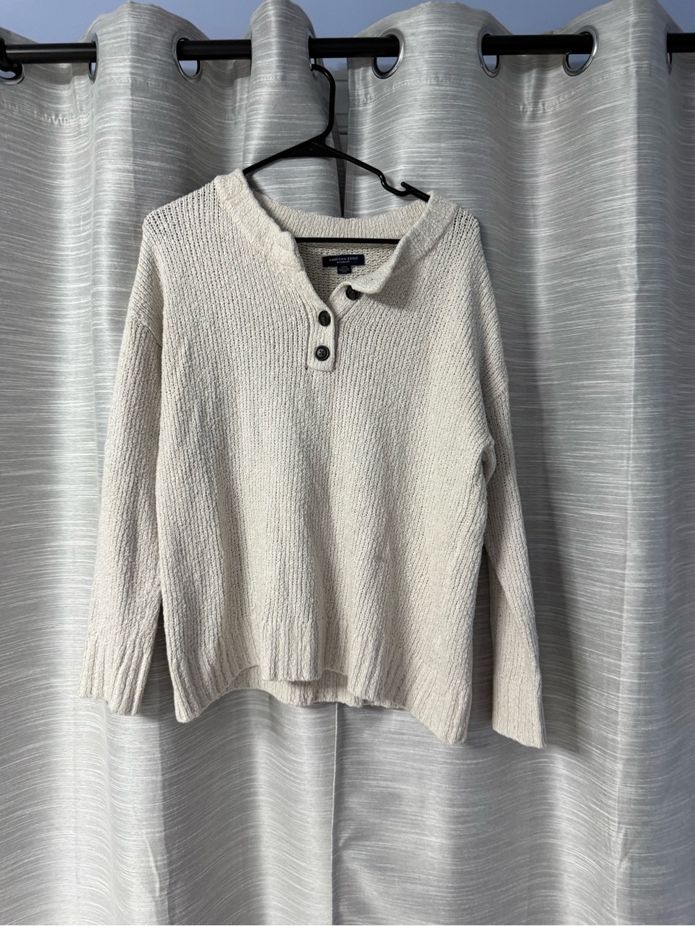 American Eagle Outfitters Cream Button-Neck Knit Sweater